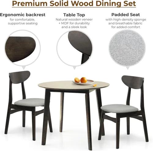 Vista 2 de Juego de 3 mesas redondas de cocina y 2 sillas laterales Yumiko de madera maciza con asiento acolchado