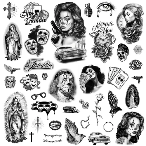Vista 8 de Los Vatos Chicano Vol. II - Cholo y Chola Tatuajes Temporales Para Hombres Mujeres, Payasa, Lowrider, Virgen María, Oración, Cruz, Chicana
