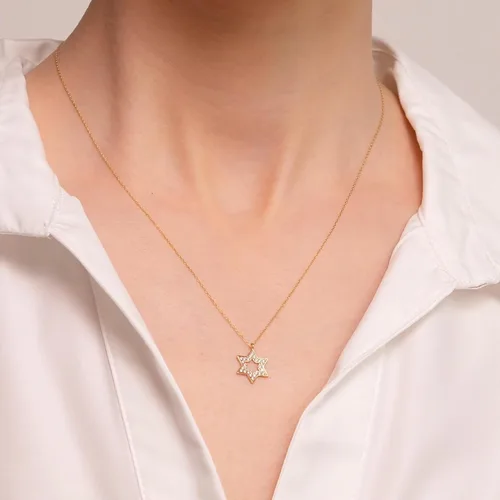 Vista 5 de Gelin Collar de estrella de David de oro macizo de 14 quilates para mujer, Oro, Circonia cúbica