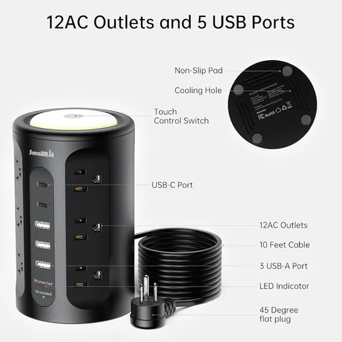 Vista 6 de Torre de regleta de protección contra sobretensiones con 5 puertos USB y luz nocturna, cable de extensión de 10 pies con 12 tomas de corriente Negro