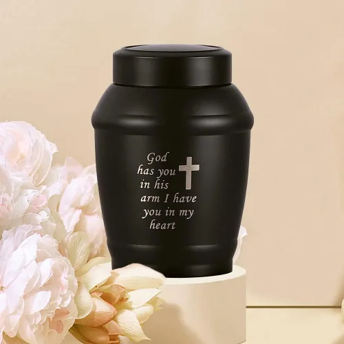 Vista 5 de Urna de cremación de acero inoxidable con cruz negra de 5.8 pulgadas para cenizas adultas, hombres o mujeres, urna conmemorativa funeraria