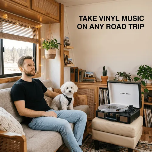 Vista 19 de Reproductor de discos de vinilo con altavoces integrados, tocadiscos de entrada Bluetooth de 3 velocidades, grabación y reproducción USB/TF
