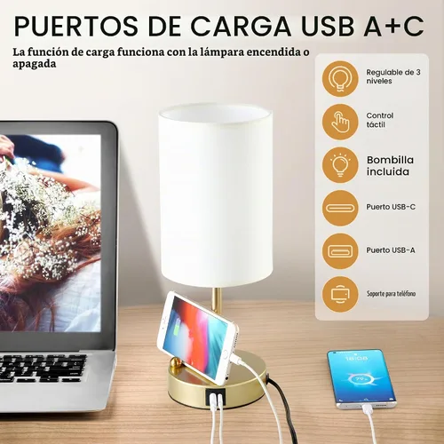 Vista 5 de Lámpara de mesa de control táctil Briever para dormitorio, lámpara de mesita de noche regulable de 3 vías con puertos de carga USB, lámpara