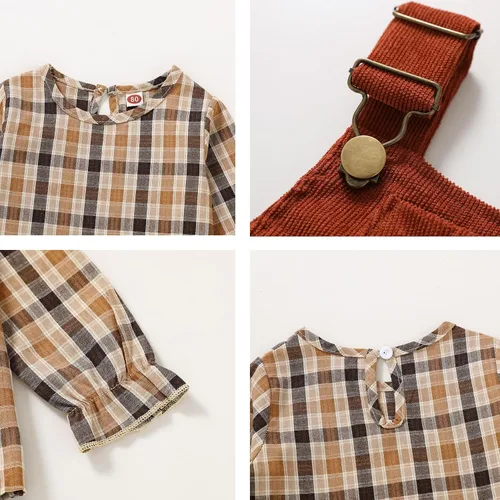 Vista 6 de YOUNGER TREE Conjunto de ropa de manga larga a rayas y tirantes para bebé niña con un bolsillo