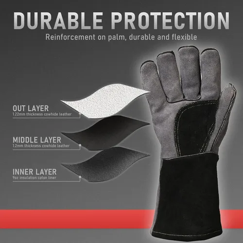 Vista 3 de YESWELDER Guantes de soldadura de forja de cuero, resistentes al fuego, 14 pulgadas, con costuras de Kevlar, guantes resistentes para Mig, Tig