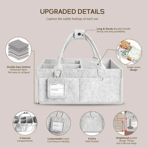 Vista 5 de GEMII Organizador de pañales – Organizador grande para bebés con asa para artículos esenciales para recién nacidos, niños o niñas (gris, grande)