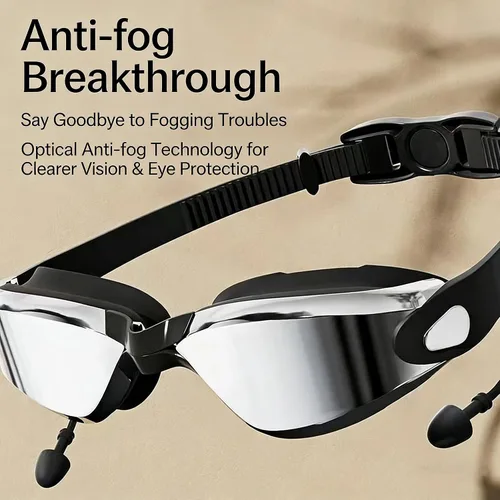 Vista 5 de Gafas de natación polarizadas, gafas de natación con tapones para los oídos integrados, antirreflejos, para adultos, hombres y mujeres, sin fugas