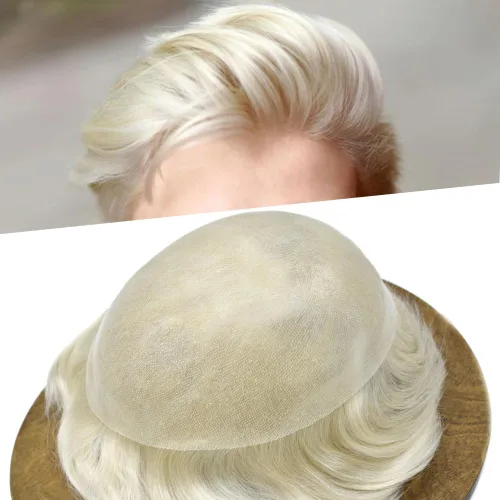 Vista 72 de PU Toupee para hombres pieza de pelo real sistema de reemplazo de cabello humano para hombres Toupee pieza de pelo para hombres piel polivinílica