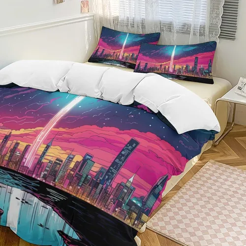 Vista 15 de Landscape Duvet Cover Full Size, Ultra Soft Microfiber Cityscape Bedding Set, 3 Pieces Night Scenery Pattern Comforter Cover Set with Zipper Closure