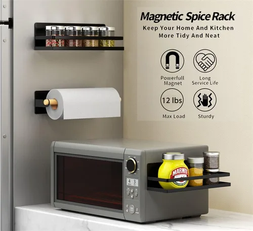 Vista 5 de Soporte magnético para toallas de papel con gancho para refrigerador, refrigerador, organizador para cocina, apartamento, sin taladros, negro, 3