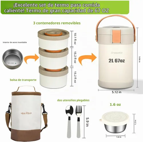 Vista 3 de Termo de 67 oz/2L para comida caliente, termo de sopa aislado al vacío de acero inoxidable 304, lonchera térmica a prueba de fugas con 3 cajas Bento