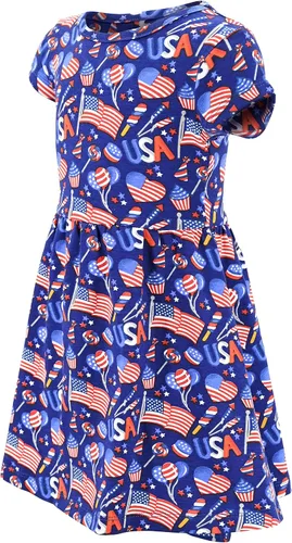 Vista 2 de Unique Baby Vestido sin mangas con estampado de bandera patriótico para niñas, Azul, blanco, rojo.