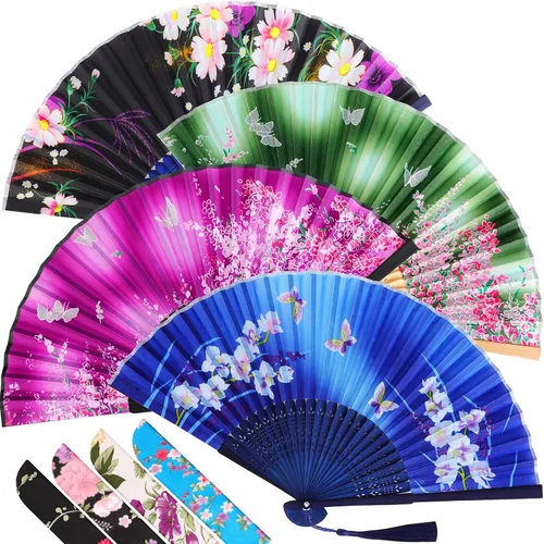 Vista 25 de Zonon 4 Pack de abanicos de mano florales plegables, abanicos de seda de bambú con borla para mujer, abanico de mano hueco plegable con funda