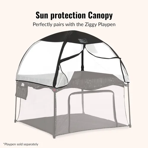 Vista 5 de Dream On Me Ziggy Canopy - Negro/Blanco, compatible con corralito Ziggy Square, protección UV, lluvia e insectos, plegable y apto para viajes