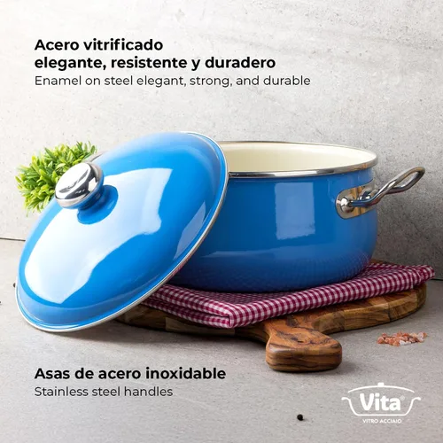 Vista 7 de VITA - Horno holandés de 6 cuartos de galón (azul) con tapa para todas las estufas (esmalte sobre acero), apto para lavavajillas y horno hasta 500