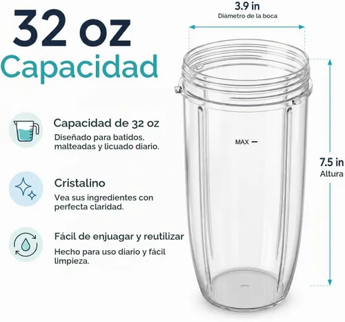 Vista 3 de Piezas de repuesto de 32 oz (2 unidades) Vasos de repuesto para licuadora compatibles con NutriBullet 600w y 900w Blender