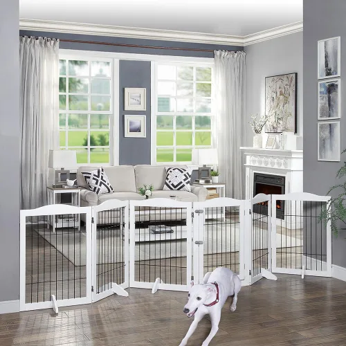 Vista 2 de BeeNbkks - Puerta extra ancha para mascotas, barrera independiente de 6 paneles para perros con puerta Heavy-Duty Wooden Indoor Playpen with Metal