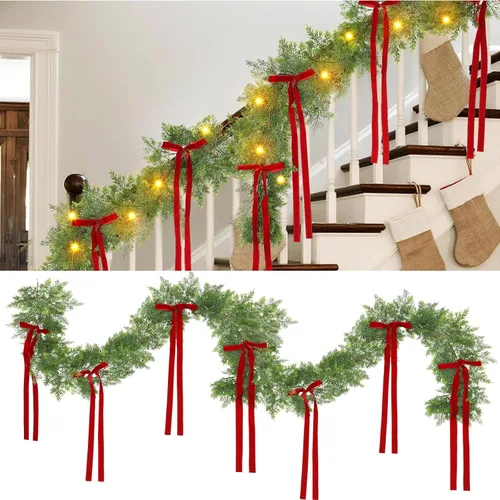 Vista 4 de Guirnalda de cedro de Navidad de 1.8 m con lazo rojo, guirnaldas de pino artificiales iluminadas con luces blancas, vegetación artificial de toque