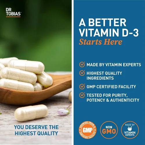 Vista 6 de Dr. Tobias Vitamina D3 5000 UI, esencial para huesos saludables, dientes y sistema inmunológico, suplemento de vitamina D extra fuerte, sin OMG, 90