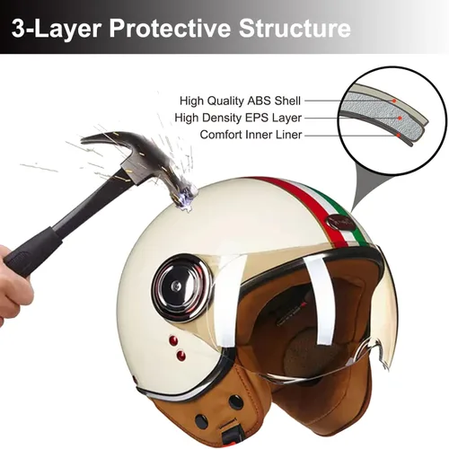 Vista 3 de Casco de motocicleta aprobado por el DOT, casco retro 3/4 de cara abierta con visera, casco vintage para scooter para mujeres y hombres adultos