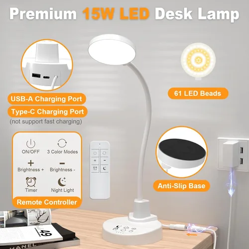 Vista 9 de Lámpara de escritorio LED de 15 W con puertos de carga USB, [botón y control remoto] Lámpara de mesa regulable con 3 modos de color, 5 niveles