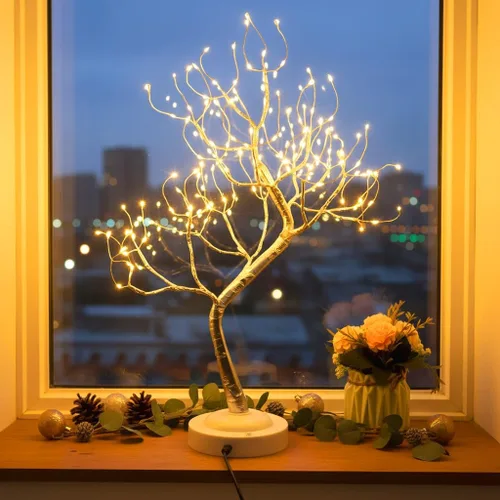 Vista 14 de FUCHSUN - Lámpara de árbol de bonsái de mesa con 108 luces LED de hadas, árbol artificial para centros de mesa de fiesta en el hogar, funciona