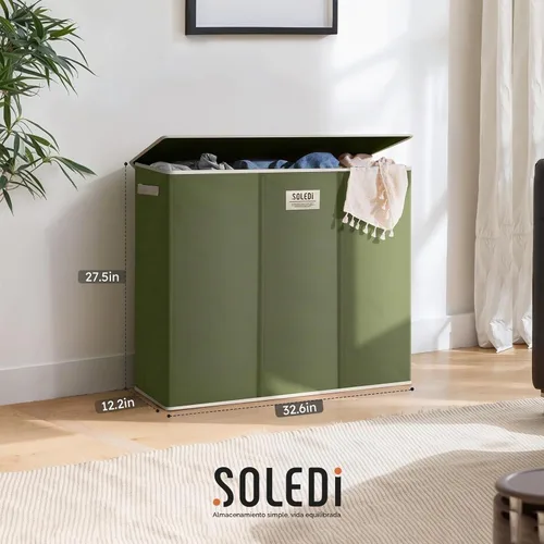 Vista 7 de SOLEDI Cesta de lavandería de 3 secciones de 180L con tapa, cesta de ropa sucia extragrande con asas resistentes para lavandería y dormitorio