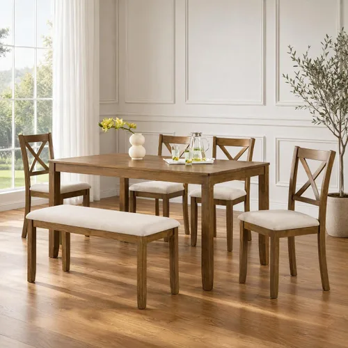 Vista 33 de Juego de mesa de comedor de 6 piezas con banco y 4 sillas Negro Beige-1
