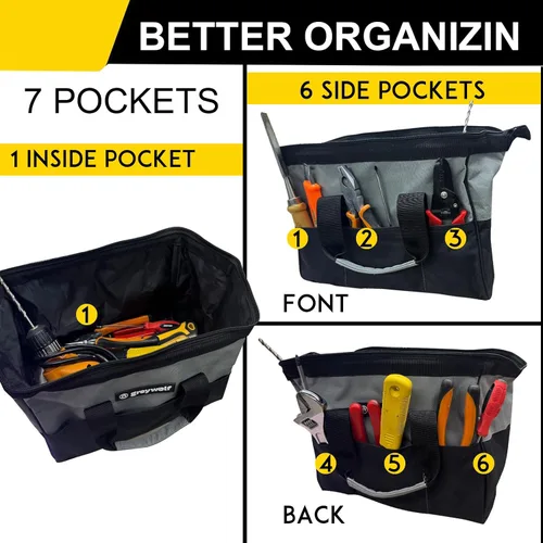 Vista 4 de Greywolf Bolsa de herramientas resistente de 12 pulgadas, bolsa de herramientas, material reforzado 600D con 6 bolsillos grandes, asas acolchadas