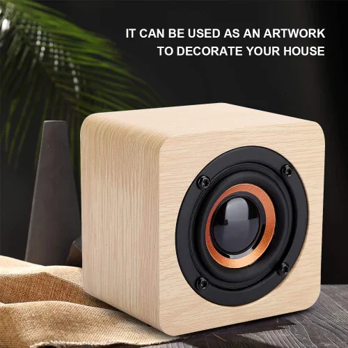 Vista 3 de Altavoz Bluetooth retro, altavoz portátil de madera amarillo alimentado por USB con sonido HD y graves ricos para computadora PC