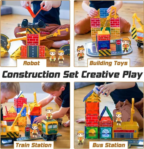 Vista 3 de Magnetic Tiles with 2 Cranes, Magnetic Construction Toys STEM Building Toys