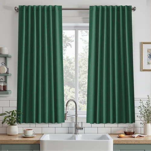 Vista 11 de UHITECH Cortinas cortas de lino de 24 pulgadas de largo para ventanas pequeñas de granja, cortinas opacas modernas para sala de estar, pestañas