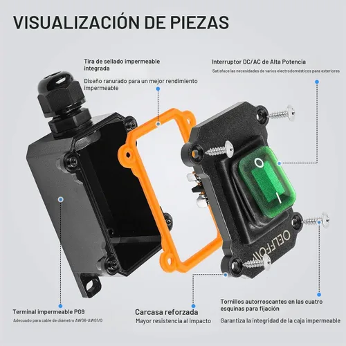 Vista 4 de Interruptor de palanca de encendido y apagado impermeable con botón basculante de luz verde, interruptor de cable en línea DPST AC/DC 20A-125V