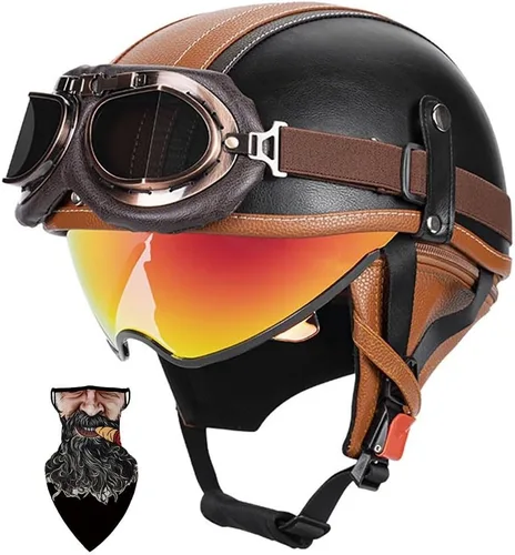 Vista 12 de Cascos Moto Retro Jet Vintage Medio, DOT Homologado Visera Retráctil PC y Hebilla Rápida, Desmontable para Hombre Mujer Adultos, Scooter Crucero