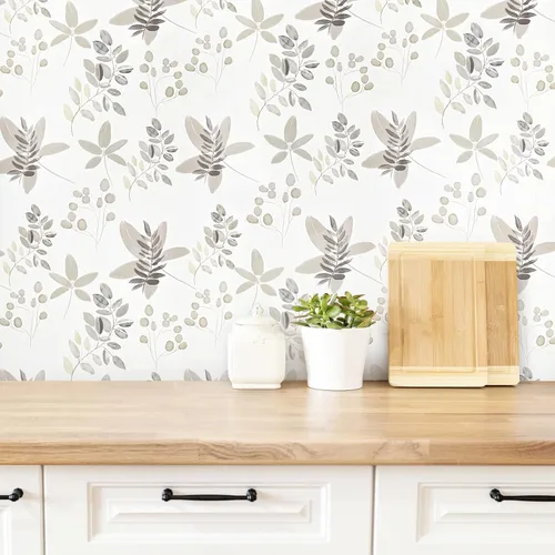 Vista 9 de Caltero Papel tapiz floral beige para despegar y pegar, papel tapiz de hojas de eucalipto de oliva de 17.3 pulgadas, 98.4 pies, papel de contacto