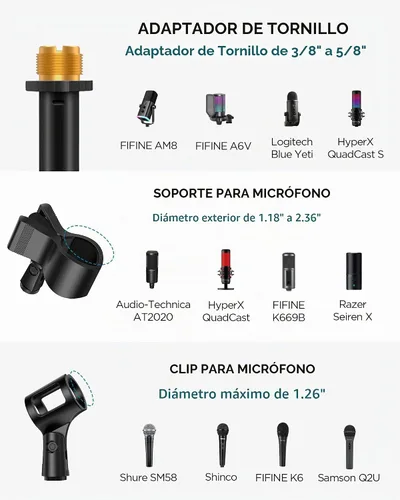 Vista 6 de InnoGear Soporte de micrófono, altura máxima de 82.28 pulgadas, soporte de micrófono de piso con brazo desmontable y base con peso para Blue Yeti