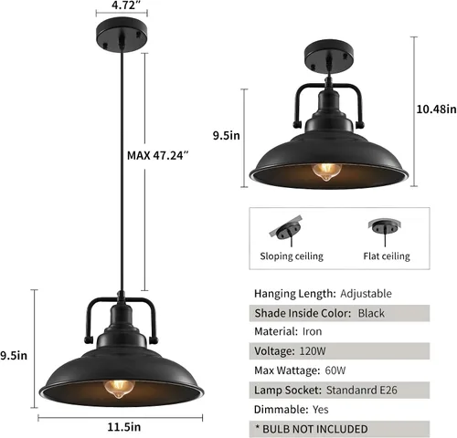 Vista 6 de Paquete de 1 lámpara colgante negra de 12.5 pulgadas, lámpara colgante de granja, iluminación colgante industrial, luces colgantes de cocina, luces