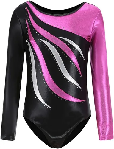 Vista 8 de AFAVOM Leotardos de gimnasia para niñas, leotardos de manga larga para niñas, brillantes y brillantes, para gimnasia, traje de ballet y danza