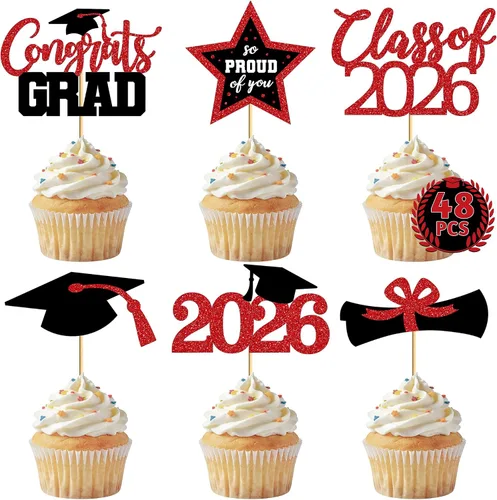 Vista 11 de 48 adornos para cupcakes graduados, 6 estilos de decoración para tartas de graduación, decoraciones de graduación de felicitaciones 2026, tapa negra