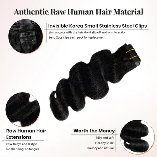 Vista 6 de Extensiones de cabello humano ondulado sin costuras, cabello humano real 10A, 12 pies 2.82 oz, negro, ondulado