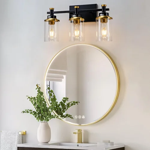 Vista 2 de Accesorios de Luz de Baño de 3 Luces, Accesorio de Luz de Tocador Negro y Dorado Cepillado Sobre Espejo, Apliques de Pared Modernos Iluminación