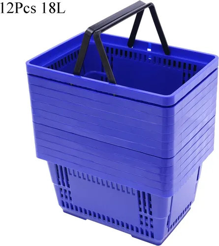 Vista 2 de 12 cestas de compras de 18 litros con asas, cestas de compras, carritos de comestibles con asas, cestas de plástico para tiendas de comestibles