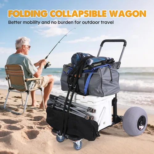 Vista 6 de Carrito de playa plegable para pesca con ruedas de globo de 12 pulgadas para arena todo terreno