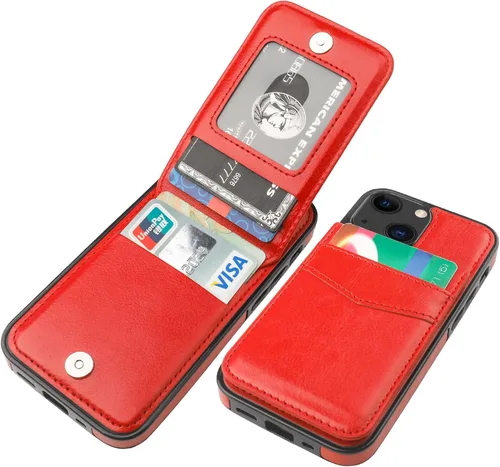 Vista 13 de KIHUWEY Funda compatible con iPhone 13 Mini con soporte para tarjeta de crédito, cierre magnético de cuero de alta calidad, resistente funda Negro