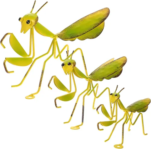Vista 4 de Estatua de pared de mantis rezante de metal: 3 piezas de mantis de metal para jardín, patio, decoración de arte, figura de animal de insecto