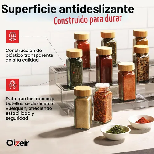 Vista 3 de Oizeir Estante organizador de especias expandible – 3 niveles – Estante transparente ajustable para organización de especias para armario de cocina