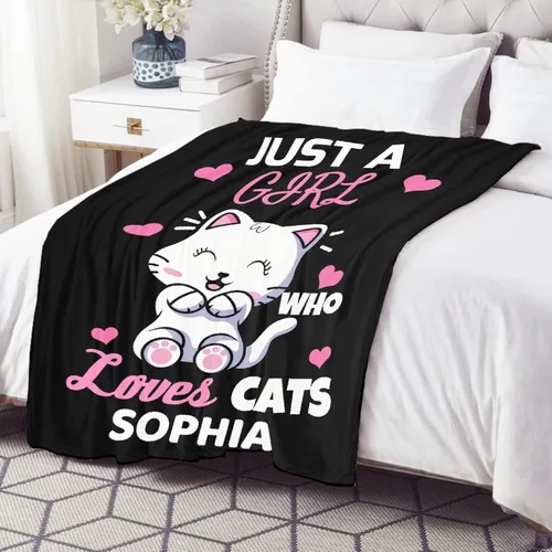 Vista 4 de Manta personalizada con texto en inglés «Just Girl Loves Cats», añade tu propio nombre, mantas de franela personalizadas para niños, perros y gatos