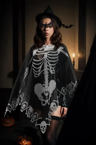 Vista 4 de Disfraz de esqueleto para mujeres adultas y poncho de esqueleto con máscara de encaje negro, utilizado para juegos de rol y actividades de vestir