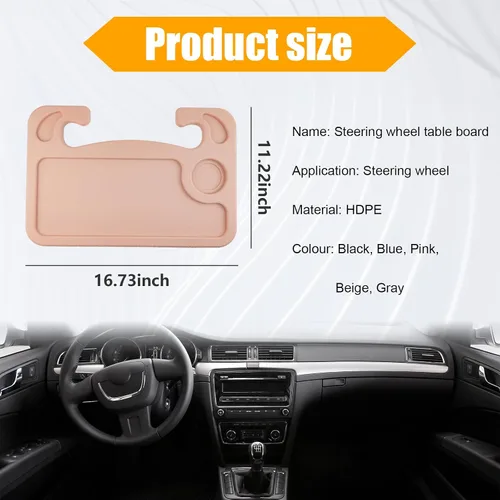 Vista 2 de Dickno Escritorio para volante de automóvil, bandeja multiusos para volante con soporte para bebidas, bandeja de comida para volante para comer Beige