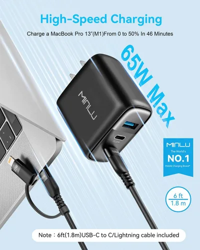 Vista 2 de GaN - Bloque de cargador USB C de 65 W, cargador de pared compacto de 3 puertos tipo C con cable USB-C/L 2 en 1 de 6 pies, 100 W, carga rápida